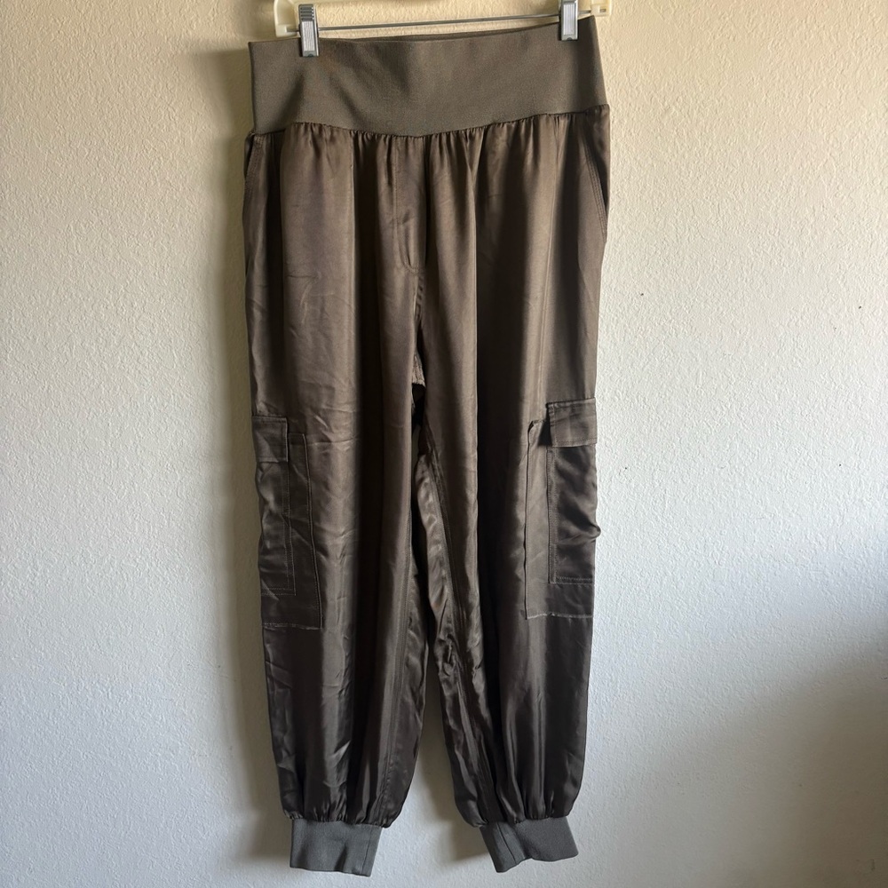 Women’s Cargo Silky Olive Army Green Jogger Pants with Pockets Casual Loose